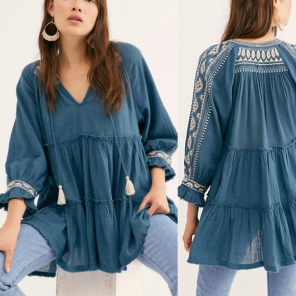 Free People Tops - Free People Dreamweaver Embroidered Tunic Top in Teal Combo